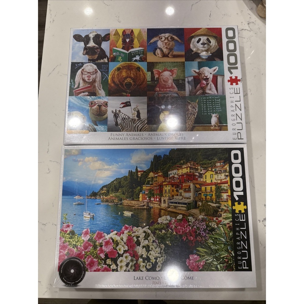 Eurographics 1000 Piece Puzzle Lot Of 2 - Funny Animals & Lake Como NEW